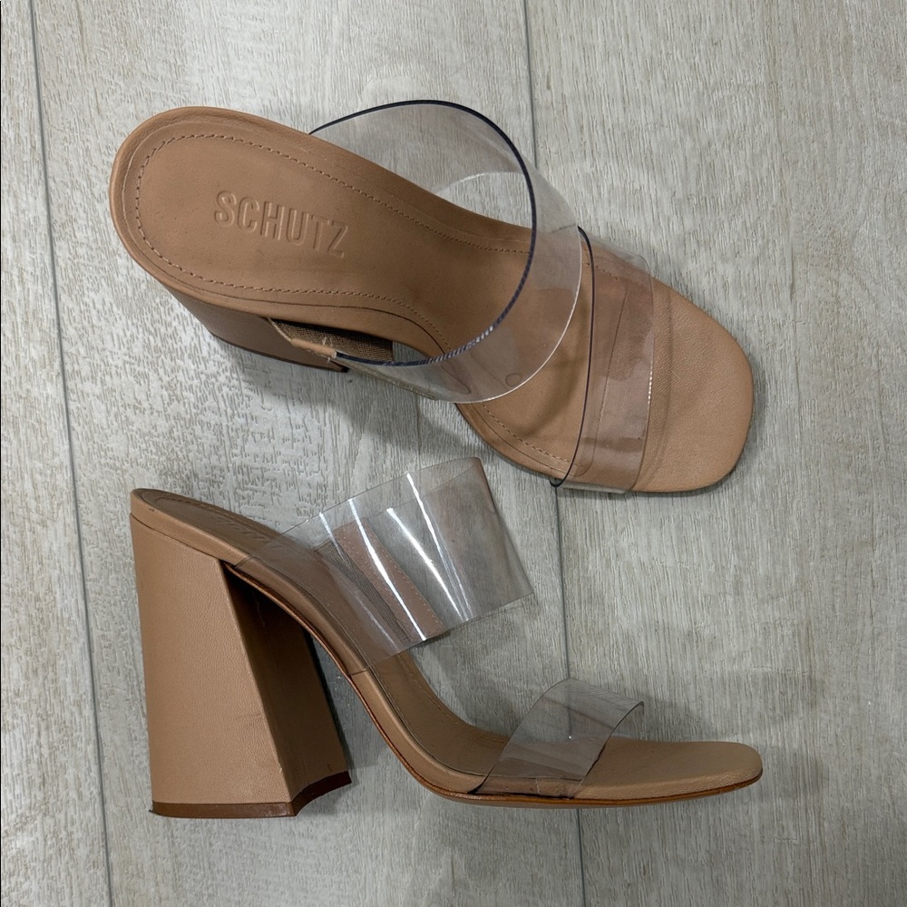SCHUTZ Tan and Clear Block Heels